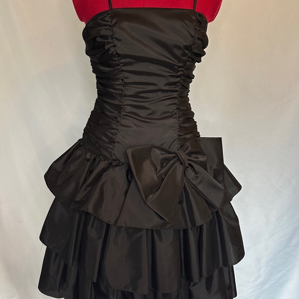 Vintage 80s prom black Ruched Mini Dress with Spaghetti Straps and bow